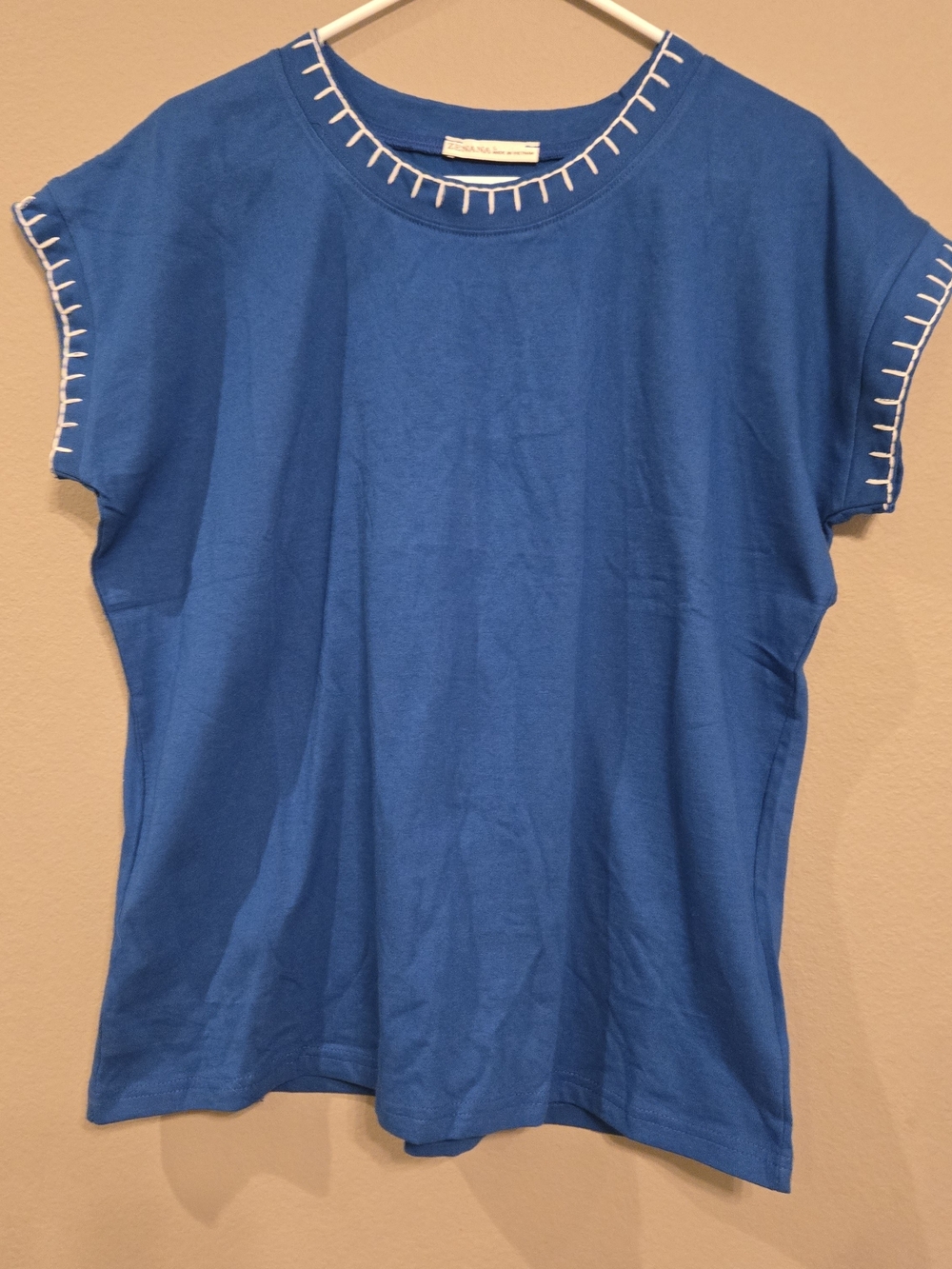 Zenana Outfitters Blue Short Sleeve Top with White Accent Stitching
